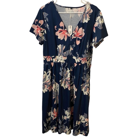 Ultranice Womens Navy Dress Sz XL Floral VNeck Pockets Business Casual Gift Flaw - Picture 1 of 7